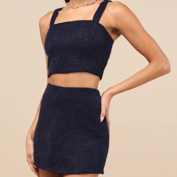 Lulus Pants - Lulus Elevated Navy Tweed Sleeveless Two-piece Skort Romper Set - NWT